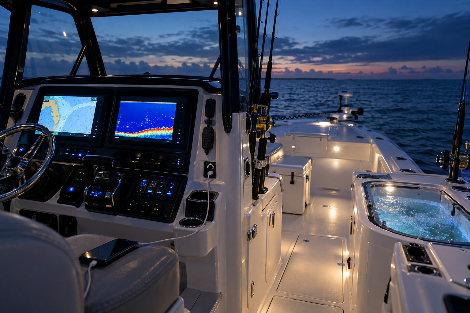 Fishing boat electronics and livewell
