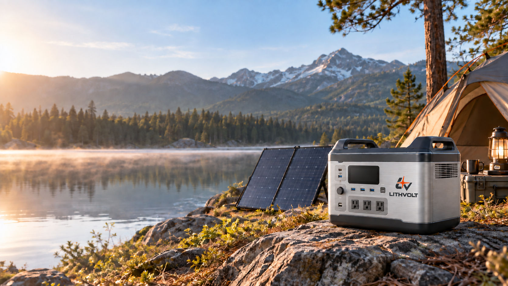 Portable power station and folding solar panel at camp