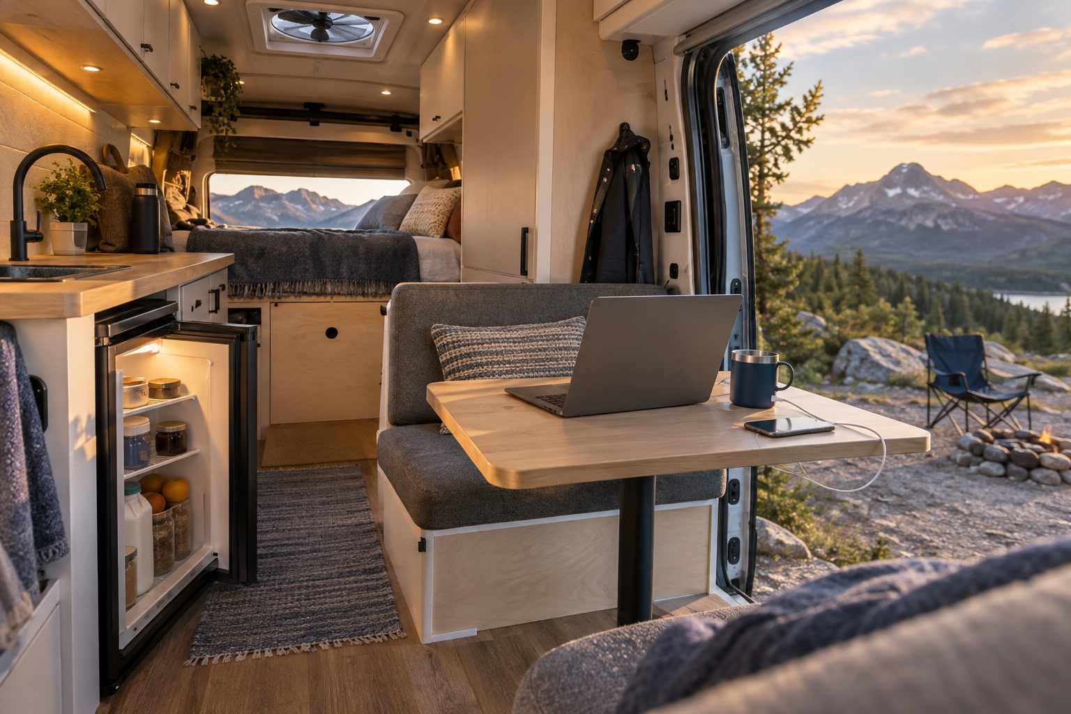 Powered appliances inside a modern camper van