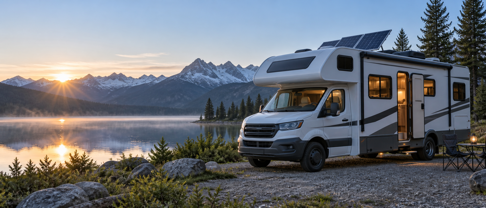 Solar-equipped motorhome beside an alpine lake